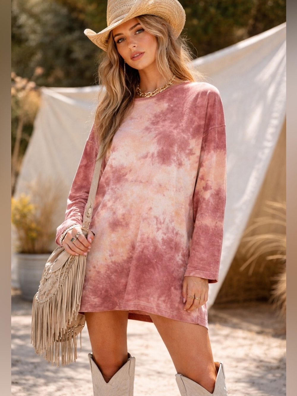 Free People We The Free Tie Dye Oversized Tunic Tee Pink Beige Small